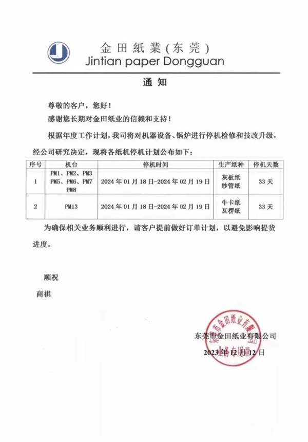 山鷹五大基地宣布漲價 東莞金田紙業公布年度停機計劃