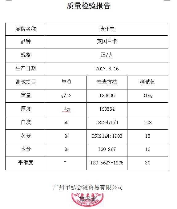 質檢報告  英國白卡 315g