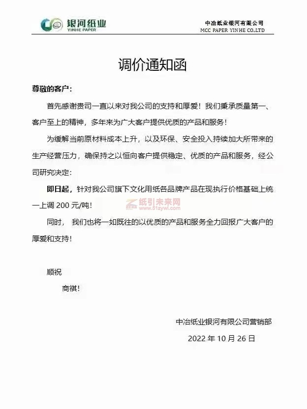 中治紙業銀河有限公司營銷部 紙張價格